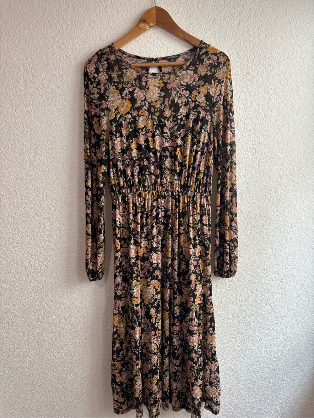 wild fable Semi Sheer Black Floral Long Sleeve Midi Dress Medium